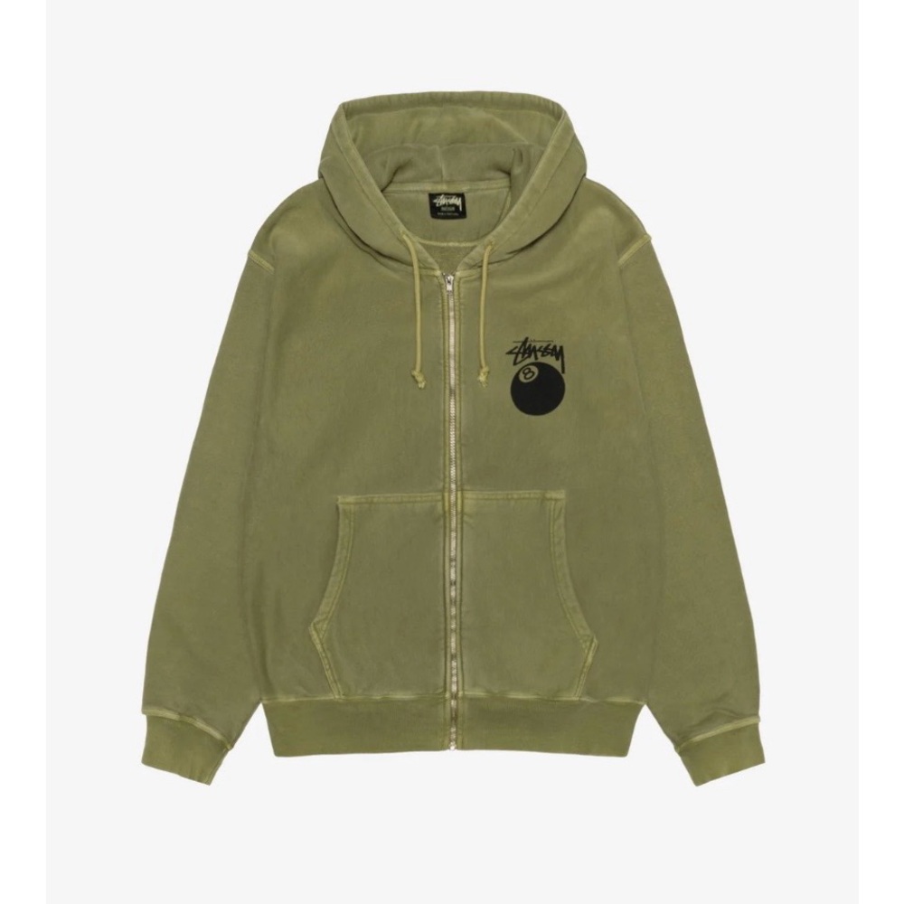 STUSSY Men’s Eight Ball Olive Pigmented Dye Zip Up Heavy Weight Hoodie, Size M